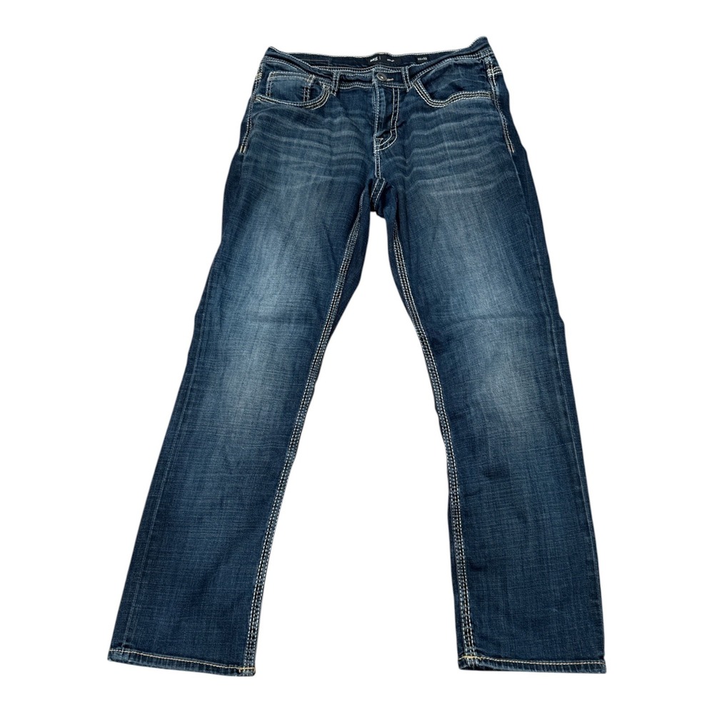 BKE Nolan Mens Straight Leg Jeans 32x32 Medium Wash Distressed Contrast Stitch